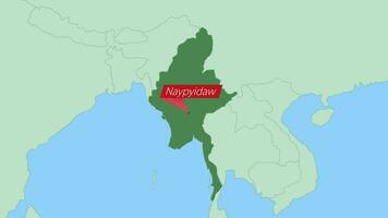 mapa de myanmar con alfiler de país capital. vector