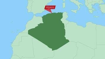 mapa de Argelia con alfiler de país capital. vector