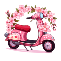 Ai generated cartoon pink scooter with flowers on the side png