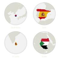 South Korea, Spain, Sri Lanka, Sudan map contour and national flag in a circle. vector