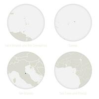 Saint Vincent and the Grenadines, Samoa, San Marino, Sao Tome and Princip map contour and national flag in a circle. vector