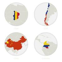 Chad, Chile, China, Colombia map contour and national flag in a circle. vector