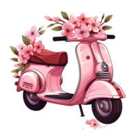 ai generato cartone animato rosa scooter con fiori su il lato png