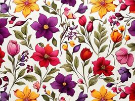 beautiful spring floral seamless patterns with flowers leaves purple and pink on white background. Hand draw photo