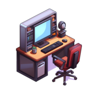 Ai generated isometric office desk with computer monitor, keyboard, mouse and monitor png