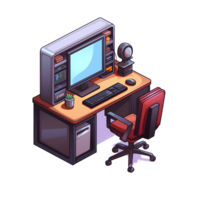 Ai generated isometric office desk with computer monitor, keyboard, mouse and monitor png