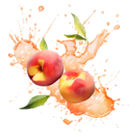 Ai generated peach fruit with splash and leaves on transparent background png