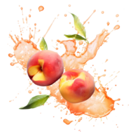 ai gerado pêssego fruta com respingo e folhas em transparente fundo png