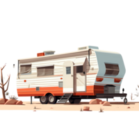 Ai generated rv trailer on a flat surface with trees and rocks png