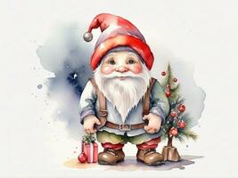 cute gnome santa claus drawing cartoon style and christmas tree on white background, watercolor photo