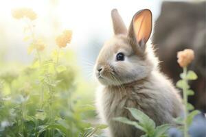 Close-up of cute rabbit with beautiful bokeh background, Generative AI photo