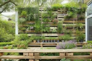 pallets with hanging plants vertical garden. background. AI Generative Pro Photo