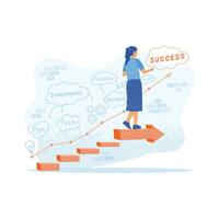 joven mujer caminando en escaleras. dibujar un estrategia plan para éxito en el pared. carrera desarrollo concepto. tendencia moderno vector plano ilustración