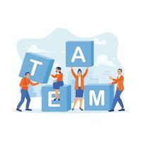 Creative office employee connecting blocks with the word TEAM. The concept of close teamwork. Employee Making concept. trend modern vector flat illustration