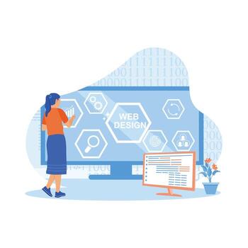 Young woman working in a modern office in front of the computer. Business, Technology, Internet and network concept. Web design concept. trend modern vector flat illustration