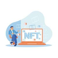 Businessman showing NFT hologram, data blocks, and virtual art on laptop screen. Blockchain and crypto art concept. APP devs concept.  trend modern vector flat illustration