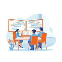 Team of programmers working in modern office. Discuss together and develop programming and coding on a computer screen. Software developers concept. trend modern vector flat illustration