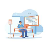 Young man working from home. Developing software programming code using a computer laptop. Software developers concept.  trend modern vector flat illustration