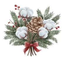 Watercolor Christmas Cotton pine cone holly Bouquet hand drawn illustration png