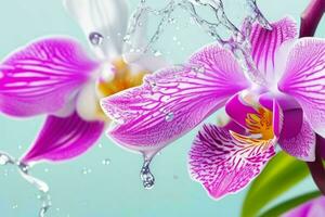 Water splash on Orchid flower. background. AI Generative Pro Photo