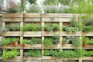 pallets with hanging plants vertical garden. background. AI Generative Pro Photo