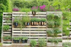 pallets with hanging plants vertical garden. background. AI Generative Pro Photo