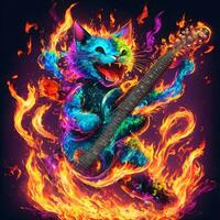 Cat playing electric guitar in fire flames with neon light. photo