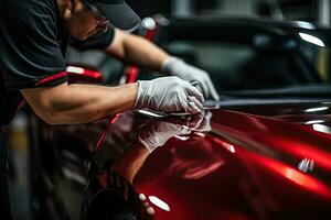 Car detailing series, Worker in protective gloves polishing a car. Generative AI photo