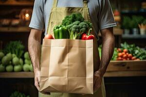 Man holding grocery shopping bag full of fresh vegetables and fruits standing in the supermarket. Food delivery service. Generative AI photo