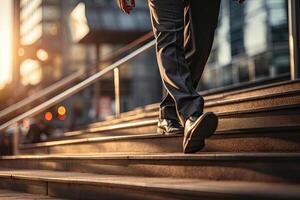 Close up young businessman feet sprinting up stairs office middle image.  Generative AI photo