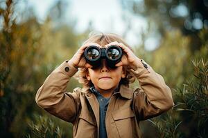 Little boy looking through binoculars in the park. Kid exploring nature.  Generative AI photo