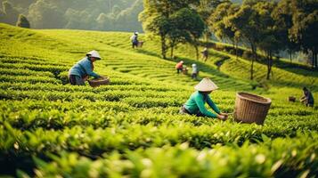 tea picking at the tea plantation at the town of Mae Salong north of the city Chiang Rai in North Thailand. Generative AI photo