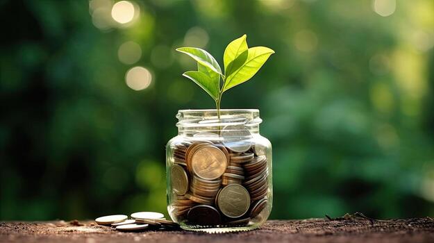plant growing out of coins in glass jar with filter effect retro vintage style. Investment concept. Generative AI photo
