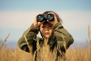 Little boy looking through binoculars in the park. Kid exploring nature.  Generative AI photo