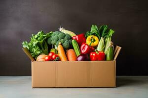 Box with fresh organic vegetables and fruits. Healthy food shopping concept. Generative AI photo