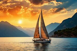 Sailing boat on the sea against the background of the mountains photo