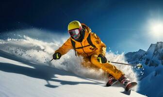 un esquiador en un amarillo chaqueta es esquiar en el brillante Dom y azul cielo ai generado foto