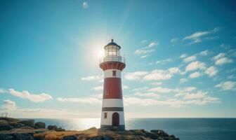 Close up of a lighthouse against a blue sky and sea AI Generated photo