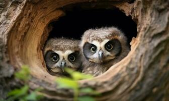 Curious two baby owls inside tree hole nest peeking out of the hole AI Generated photo
