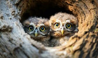 Curious two baby owls inside tree hole nest peeking out of the hole AI Generated photo