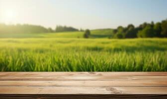 Empty wooden table top with grass field background AI Generated photo