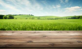 vacío de madera mesa parte superior con césped campo antecedentes ai generado foto