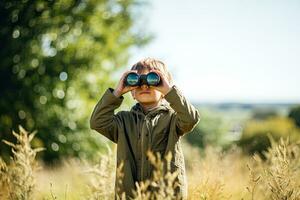 Little boy looking through binoculars in the park. Kid exploring nature.  Generative AI photo