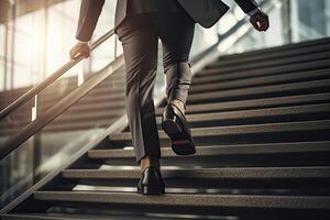 Close up young businessman feet sprinting up stairs office middle image. photo