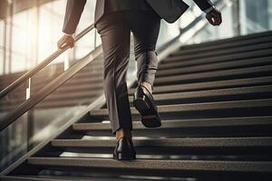 Close up young businessman feet sprinting up stairs office middle image.  Generative AI photo