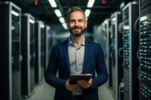 Handsome young businessman using digital tablet while standing in server room.  Generative AI photo