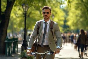 Handsome young businessman in suit and with a backpack riding a bicycle in the city. Generative AI photo