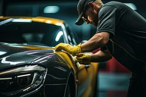 coche detallado serie, trabajador en protector guantes pulido un coche. generativo ai foto