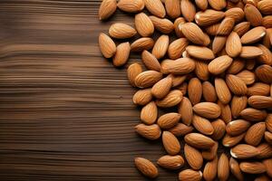 Almond nuts on wooden background. Top view with copy space. Generative AI photo