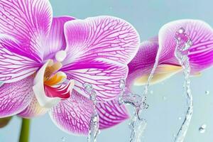 Water splash on Orchid flower. background. AI Generative Pro Photo
